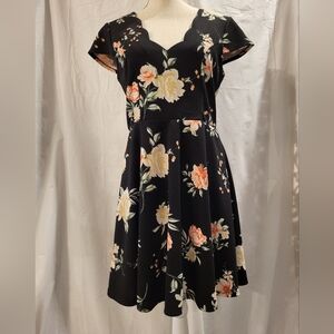 Three Pink Hearts Black Floral Dress | Size L